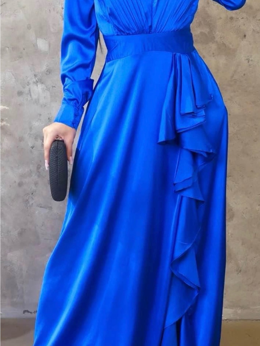 Elegant Royal Blue Long Sleeve Ruffle Maxi Dress